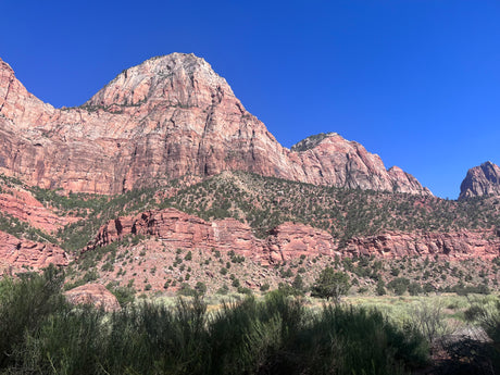 Towering red rock mountains under a clear blue sky, with sparse vegetation. Explore this majestic landscape with an RV rental.