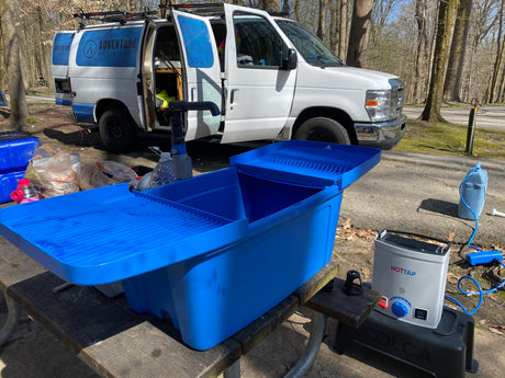 Outdoor camp kitchen setup next to an RV rental van, featuring a portable sink and HOTTAP water heater for convenience.
