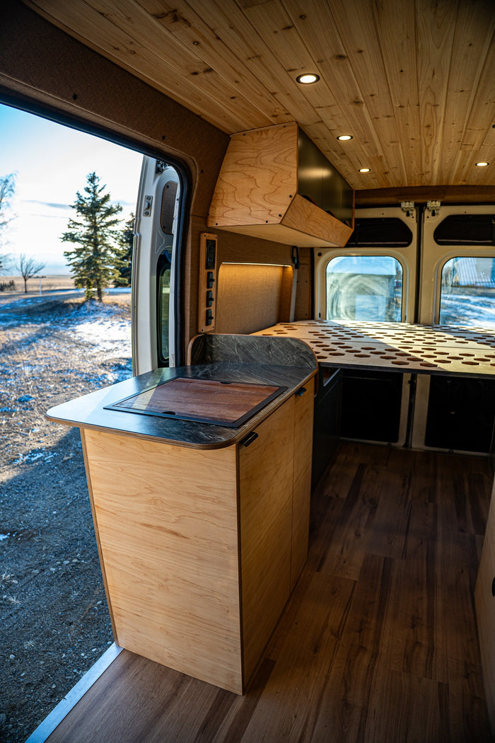 RV rental: Inside a modern wood campervan with kitchen, bed, and an open door revealing a snowy landscape.