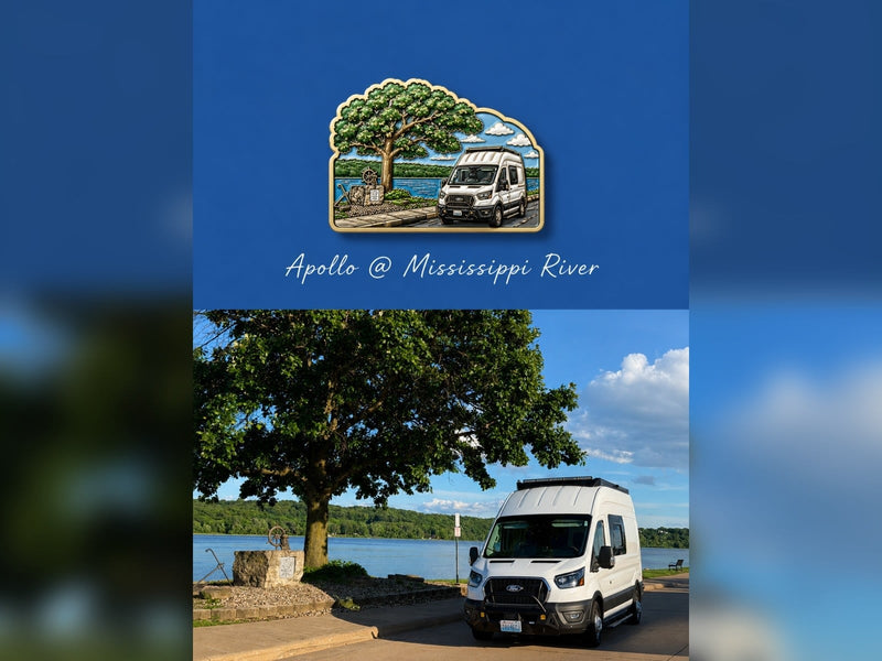 Experience the Mississippi River with an Apollo RV rental! Iconic illustration meets real-life adventure.|White Ford Transit camper van with open doors and rear storage — photo 1