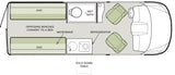 Overhead view of an RV rental layout showcasing a convertible bed, kitchen, wet bath, refrigerator, and front seating.