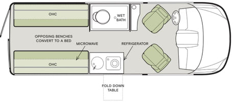Overhead view of an RV rental layout showcasing a convertible bed, kitchen, wet bath, refrigerator, and front seating.