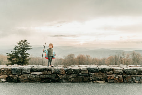 Young child with stick on a mountain overlook, perfect for an RV rental adventure.