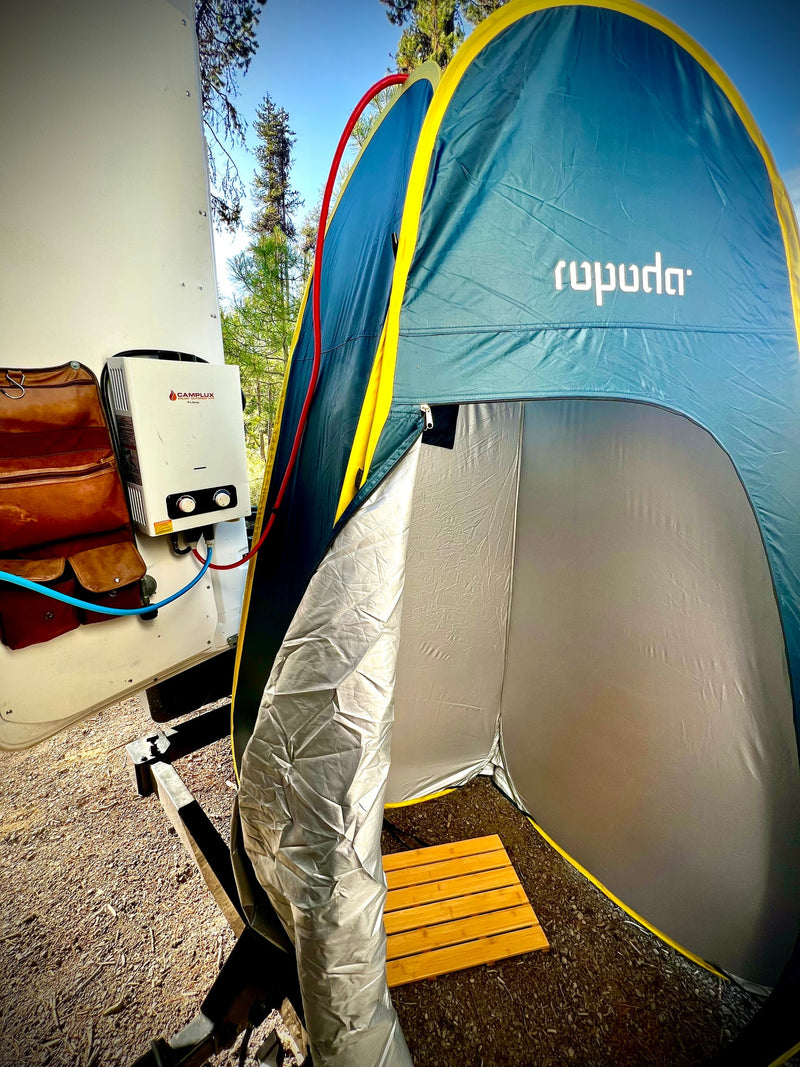 RV rental outdoor shower setup: Enjoy camping comfort with this portable water heater & shower tent. — photo 19