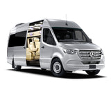 Luxury silver Mercedes-Benz Sprinter van with open side door, showcasing plush cream interior, perfect for premium RV rental.