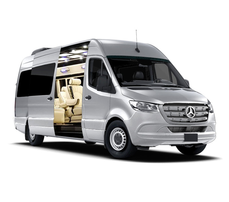 Luxury silver Mercedes-Benz Sprinter van with open side door, showcasing plush cream interior, perfect for premium RV rental. — photo 2