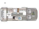This 20J RV rental floor plan features swivel chairs, kitchen, shower, and a 74"x71" sofa bed system.