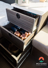  with a pop-top and a dog looking out in the desert.|A modern RV rental camper van interior featuring comfortable seating