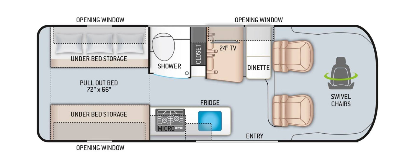 RV rental floor plan: convertible bed, full bath, kitchen with fridge/micro, dinette, and front swivel chairs.