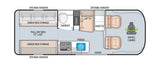 RV rental floor plan: convertible bed, full bath, kitchen with fridge/micro, dinette, and front swivel chairs.