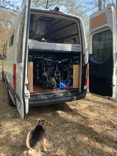 An open white camper van, ideal for RV rental, reveals bikes and gear stowed below a raised bed. A dog eagerly watches.