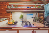 RV rental kitchen: counter with stove, sink, fruit, plants, and wood-paneled walls with shelving.
