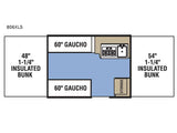 RV rental 806XLS camper floor plan: Insulated bunks, dual gaucho sofas, kitchen, and storage layout.