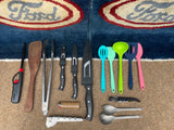 RV rental ready: Diverse cooking utensils, knives, and outdoor tools for your next adventure.