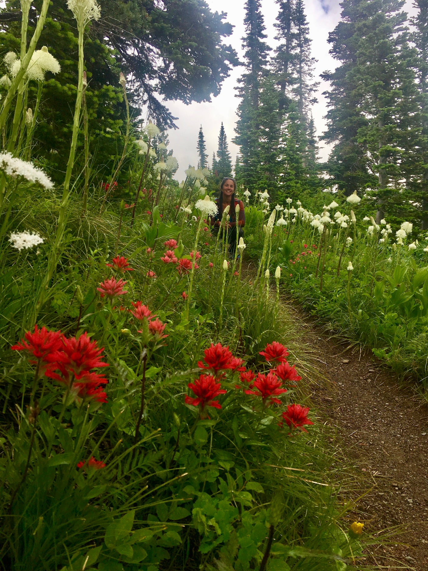 RV rental for scenic adventures! Find trails like this with a smiling woman amidst vibrant wildflowers & tall trees.