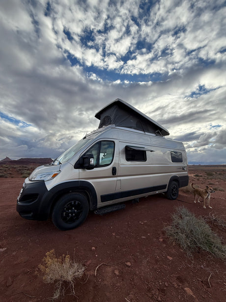 Explore the desert in an RV rental! A light-colored camper van with a pop-top is parked on red earth with a dog and cloudy sky.