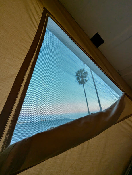 Relaxing inside an RV rental with a scenic view. A screen window frames a palm tree, crescent moon, and distant landscape under a blue sky.