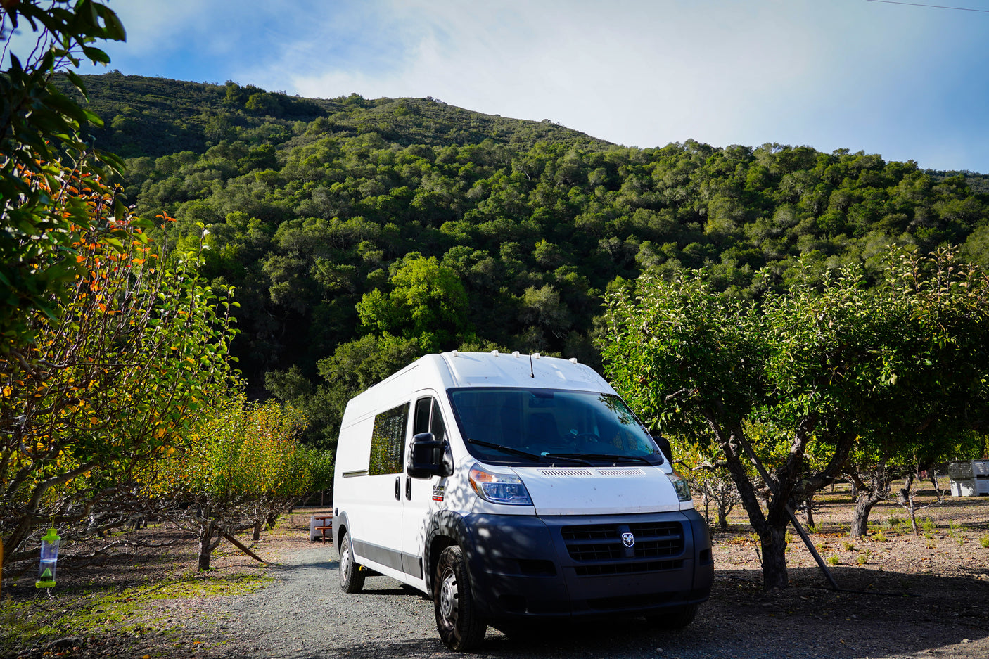 White RV rental van parked on a gravel path in a sunny orchard, with a lush green mountain backdrop. Scenic nature escape.