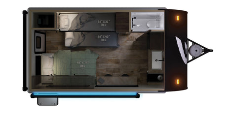 RV rental floor plan: Overhead view of a compact travel trailer interior with three beds, a bathroom (toilet/shower), and a kitchen area.