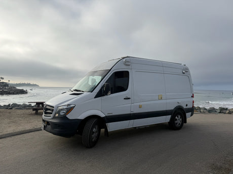 White Mercedes Sprinter camper van, ideal for RV rental, parked by the ocean with surfers under a cloudy sky.