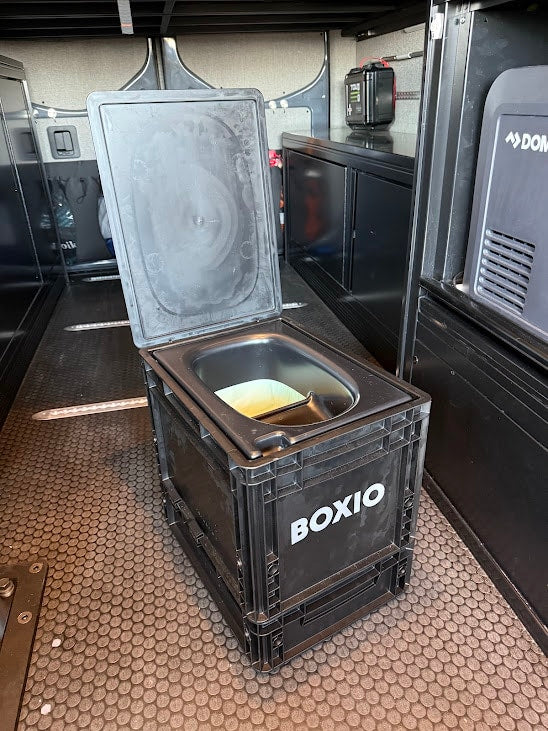 Portable BOXIO compost toilet inside an RV rental, showing its use for convenient off-grid travel.
