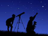 Experience astronomy! Two people with a telescope & binoculars observe a starry night sky. Perfect for your RV rental getaway.