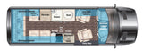 Detailed RV rental interior floor plan. See lounge, galley, shower, and seating layout for your camper van adventures.