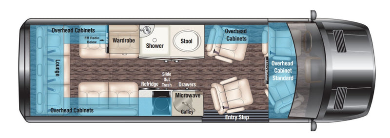 Detailed RV rental interior floor plan. See lounge, galley, shower, and seating layout for your camper van adventures. — photo 20