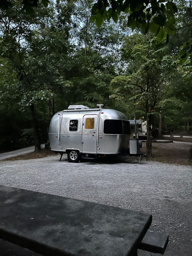 Cozy Airstream travel trailer RV rental parked at a serene forested campsite with warm interior lights glowing. Perfect outdoor getaway!