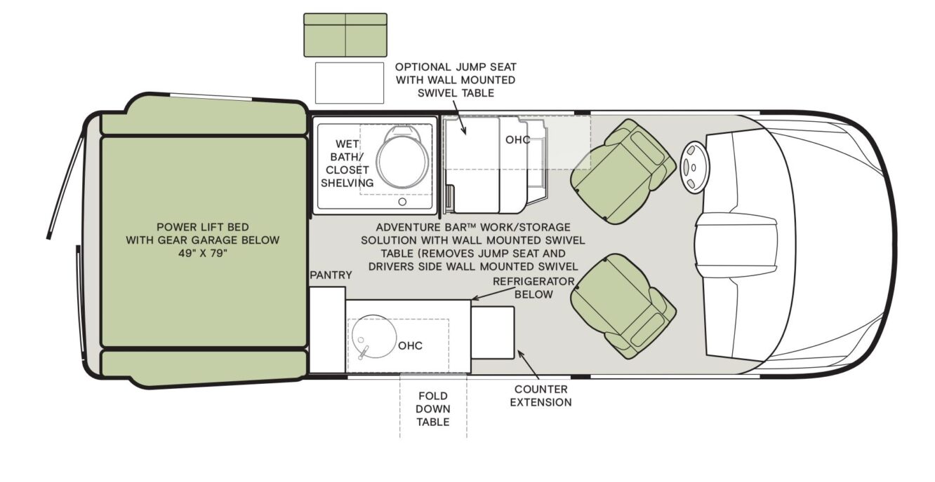 This RV rental floor plan details a power lift bed, wet bath, kitchen, pantry, and front swivel seats for a compact, efficient interior. — photo 2