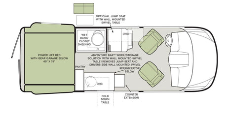 This RV rental floor plan details a power lift bed, wet bath, kitchen, pantry, and front swivel seats for a compact, efficient interior.