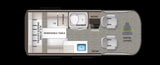 This RV rental floor plan details a compact interior featuring a fold-out bed, kitchen, shower, and swivel chairs.