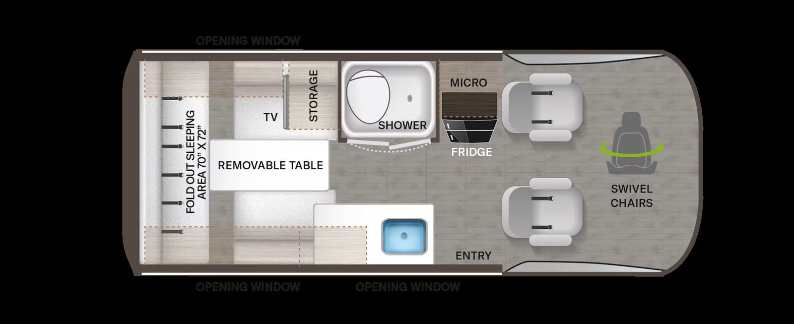 This RV rental floor plan details a compact interior featuring a fold-out bed, kitchen, shower, and swivel chairs.