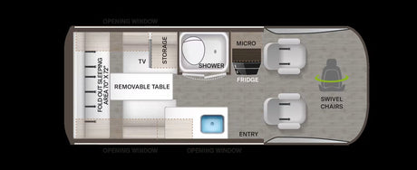 This RV rental floor plan details a compact interior featuring a fold-out bed, kitchen, shower, and swivel chairs.