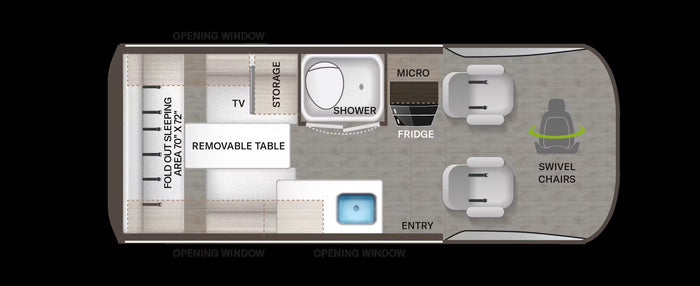 This RV rental floor plan details a compact interior featuring a fold-out bed, kitchen, shower, and swivel chairs.