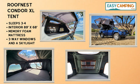 Rent this Roofnest Condor XL rooftop tent for your next RV camping adventure. Sleeps 3-4 with memory foam, windows, and skylight.