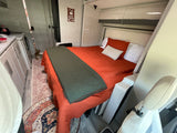 Cozy RV rental interior features a comfy bed, compact kitchen, and a small dog on the patterned rug.