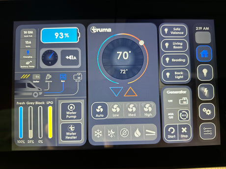 RV rental's digital panel: shows battery (93%), tank levels, climate (70°), generator, and lighting controls.
