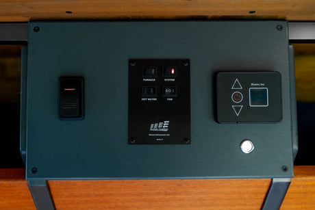 RV rental comfort panel: Toggle switch, Furnace, Hot Water, Fan switches, plus a Rixens thermostat with a red system light.