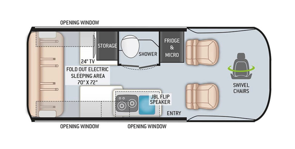  parked on snow in a pine forest. Perfect for winter travel.|Detailed RV rental camper van floor plan. Highlights include an electric sleeping area