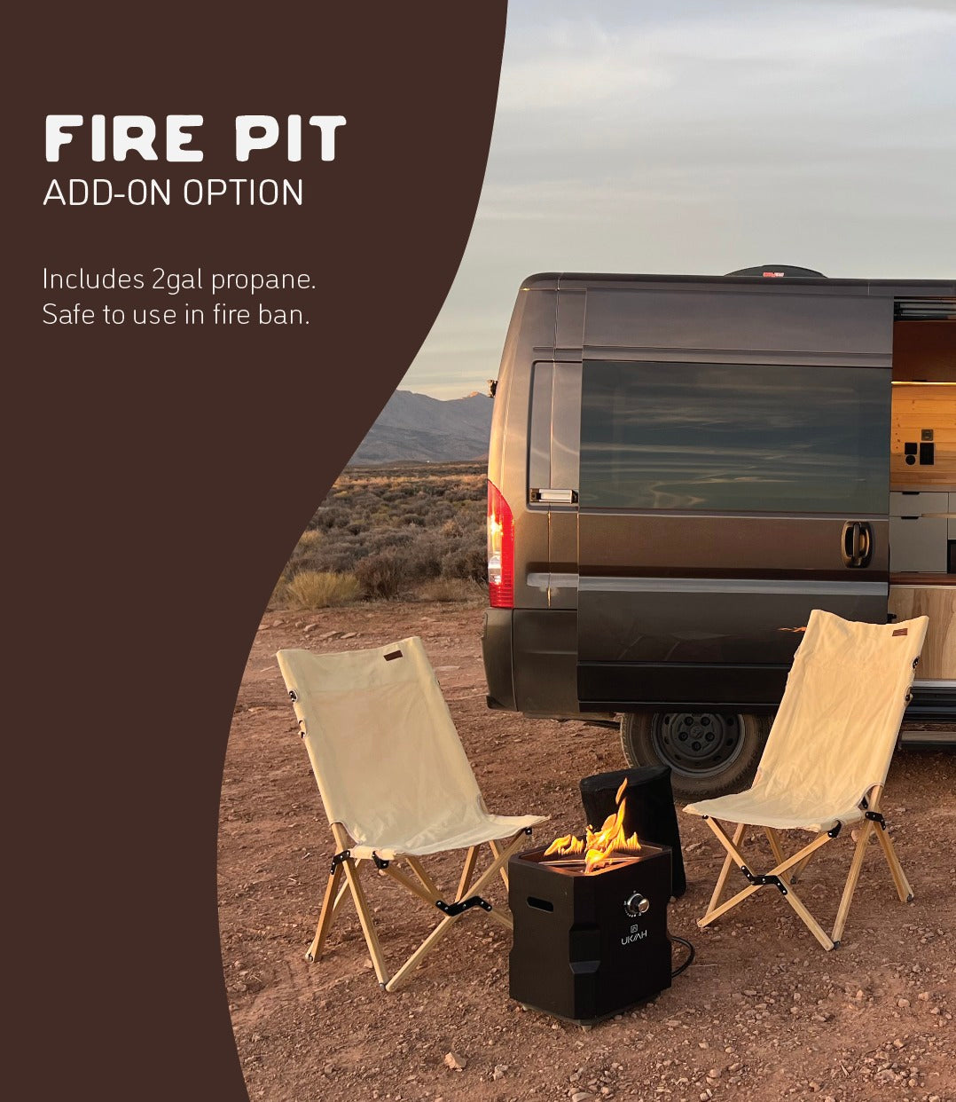 RV rental add-on: Enjoy a cozy campfire with this portable propane fire pit & chairs outside your camper van, even in fire bans.