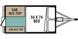 RV rental trailer floor plan with 54x74 bed & rear cabinets/countertops. Top-down view for interior layout.