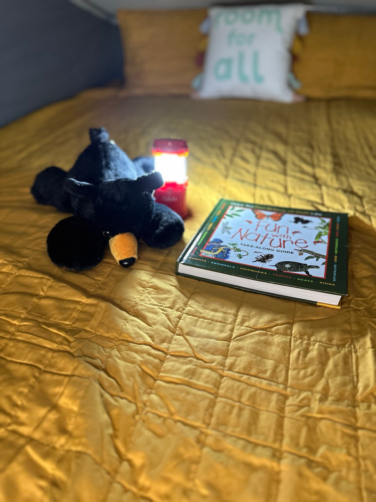 RV rental: Cozy bed with a plush bear, red lantern, and "Fun with Nature" guide. Adventure awaits! — photo 17