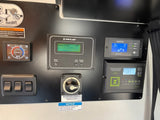 RV rental control panel: displays for solar charge, battery voltage, water pump, and climate systems, vital for power management.
