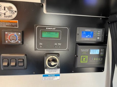 RV rental control panel: displays for solar charge, battery voltage, water pump, and climate systems, vital for power management.