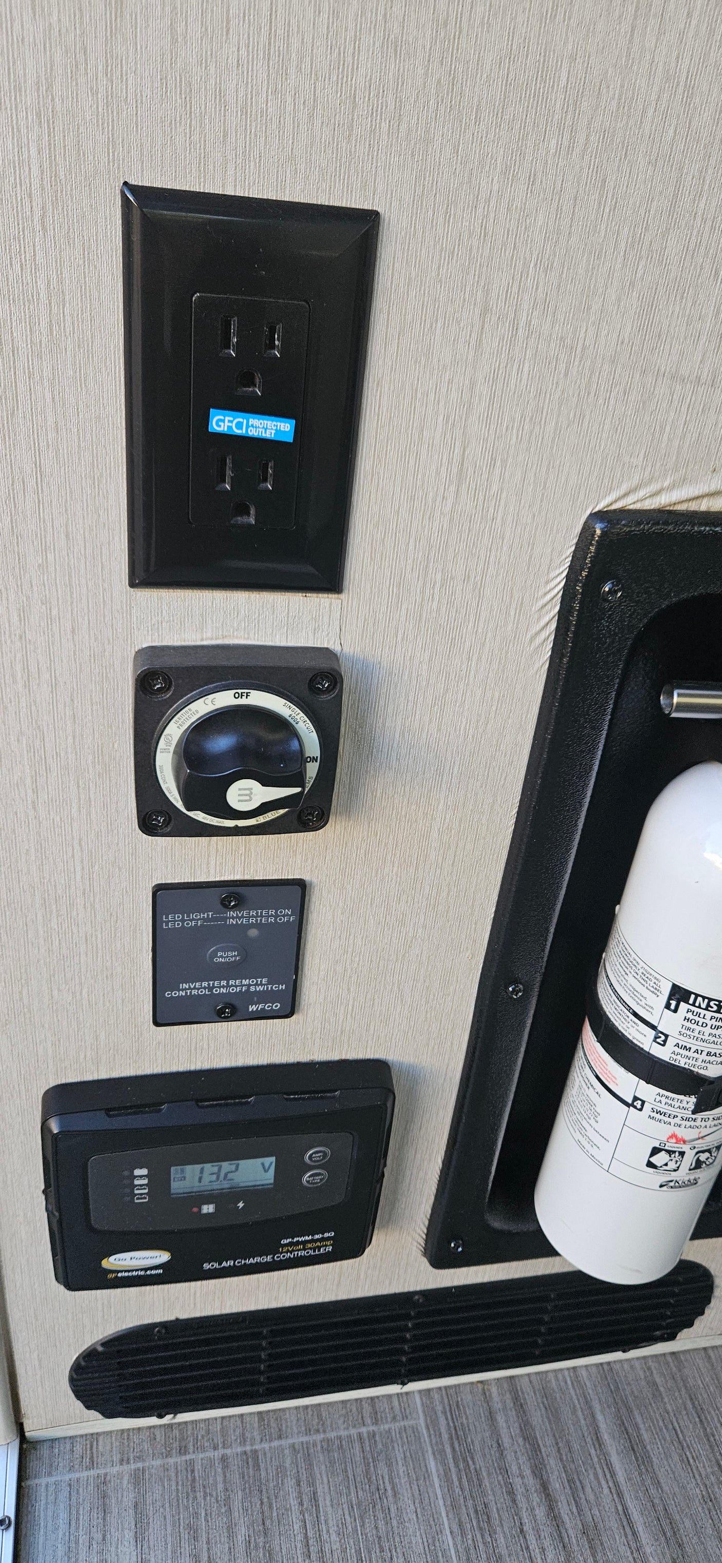 RV rental control panel: GFCI outlet, battery switch, inverter remote, solar charger, and fire extinguisher.