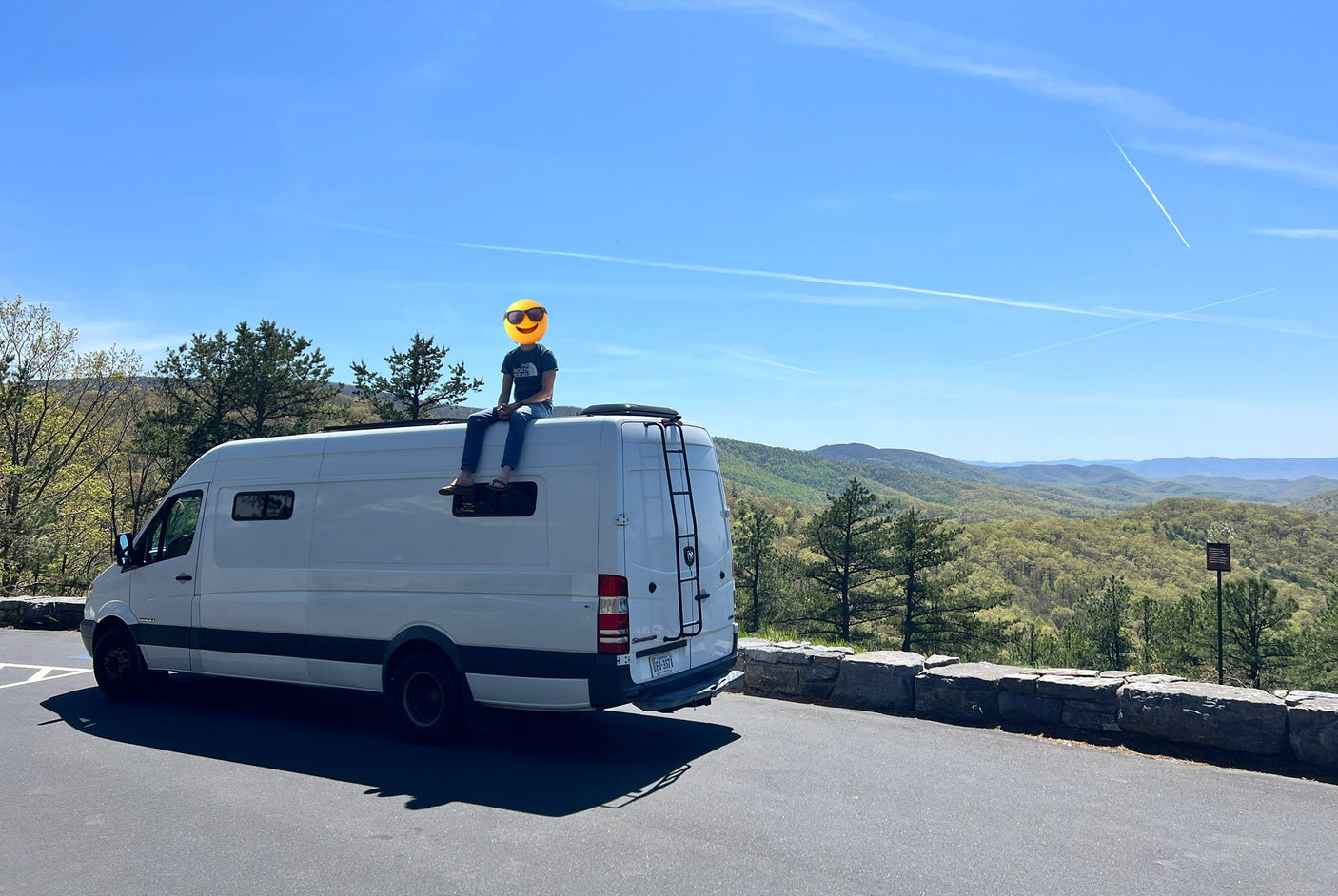 Enjoying mountain views from an **RV rental**. A person sits atop a white camper van overlooking a green landscape.