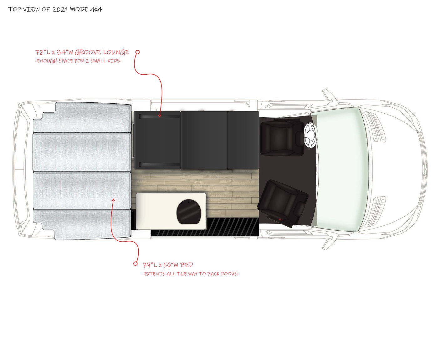 Top-down floor plan of a 2021 Mode 4x4 camper van for rv rental, showing a lounge (72"x34") and a bed (79"x56").