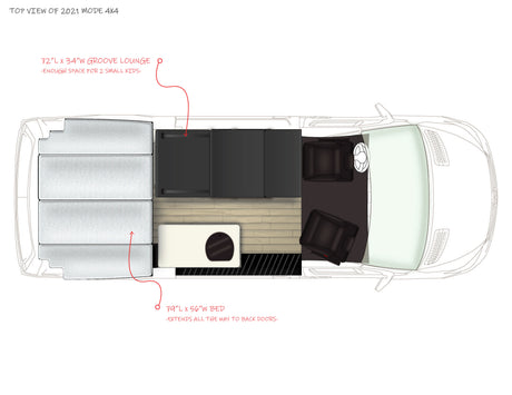 Top-down floor plan of a 2021 Mode 4x4 camper van for rv rental, showing a lounge (72"x34") and a bed (79"x56").