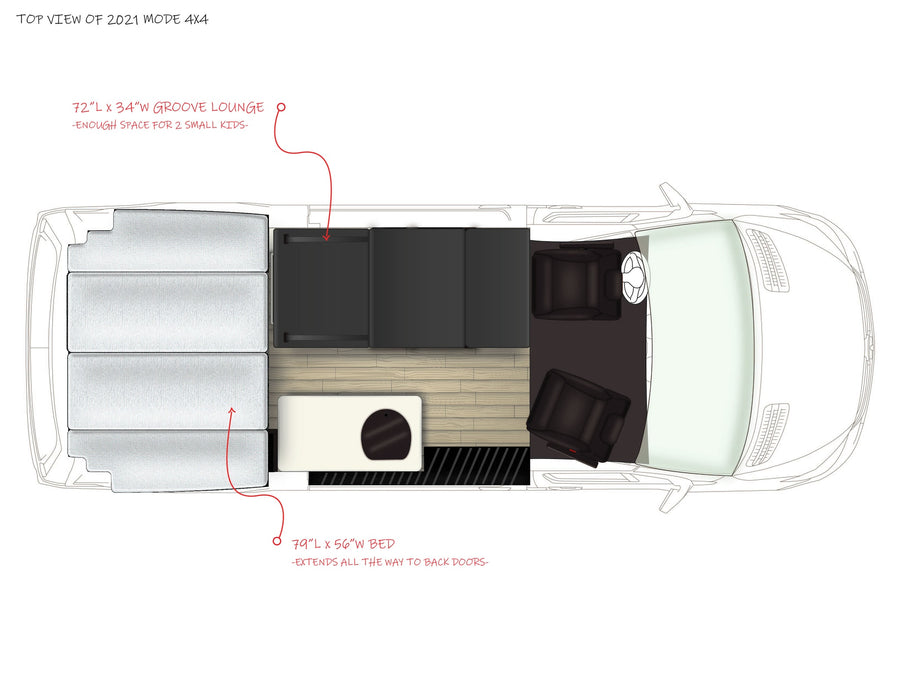  and rain-streaked windows.|RV rental: Camper van interior with raised bed